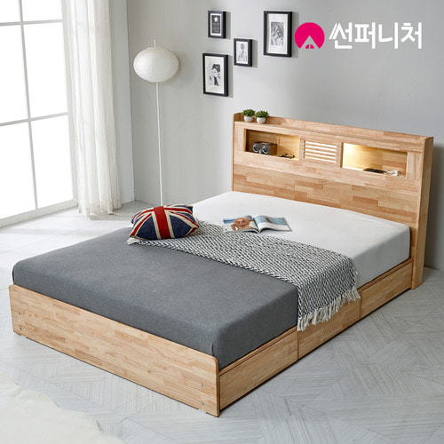 고무나무 원목 샤인 LED 조명 콘센트 수납 침대 퀸/슈퍼싱글